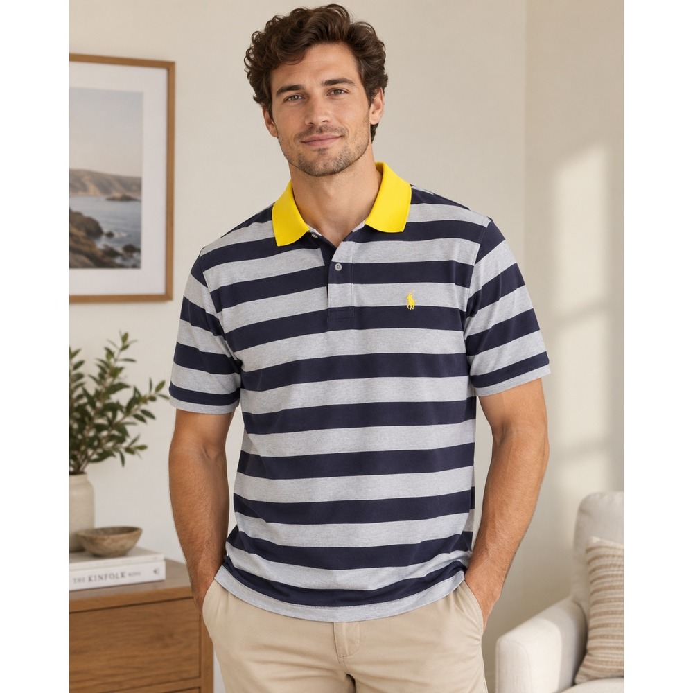 Polo Ralph Lauren Polo Shirt Blue Navy Striped Yellow Collar XL 4018